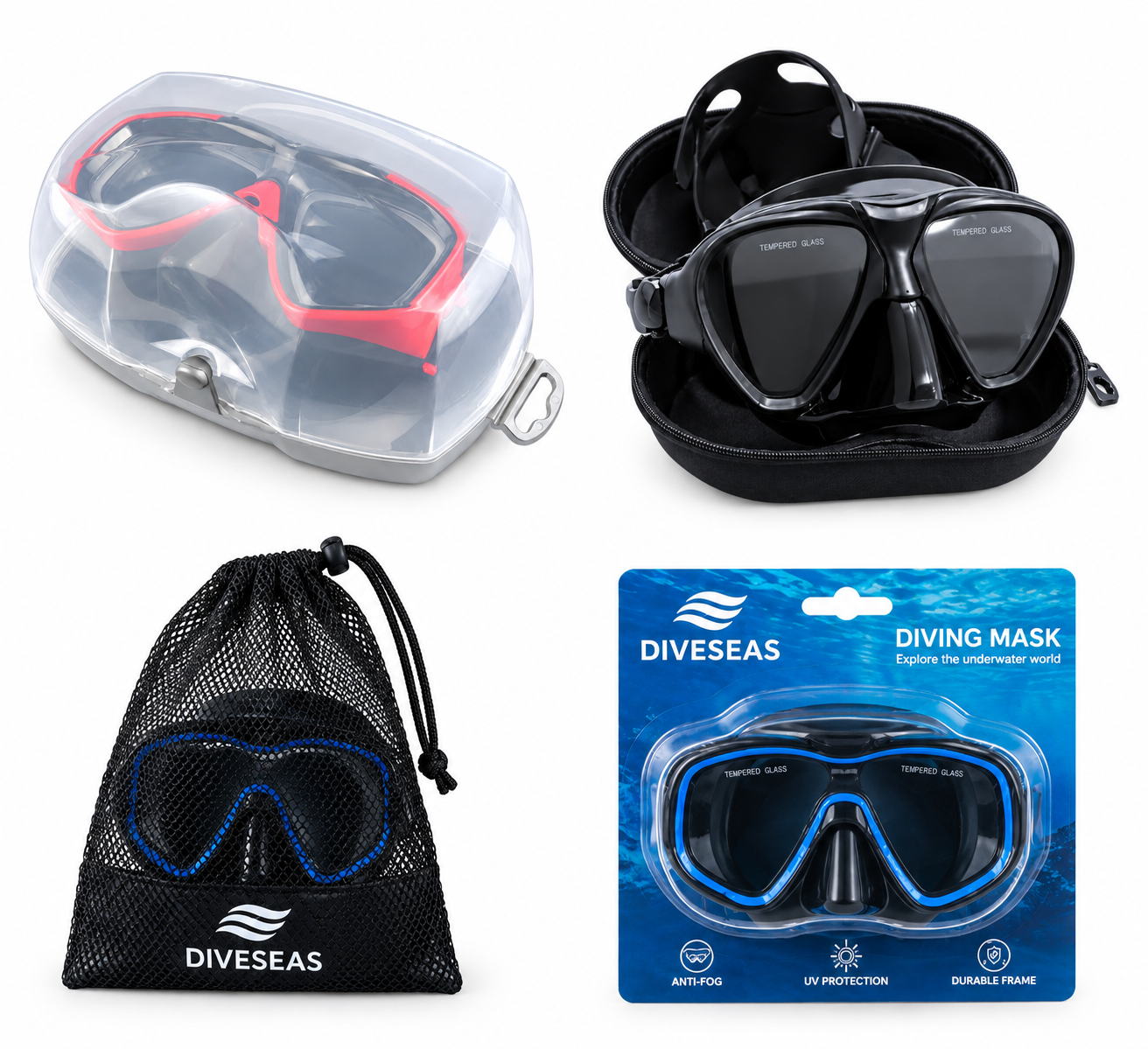 Diving mask packaging options: plastic box, EVA case, mesh bag and blister card