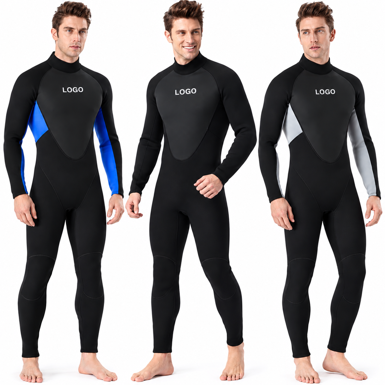 Three full-length wetsuit options with custom logo placement